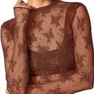 Free People NWOT Sheer Brown Lace Top